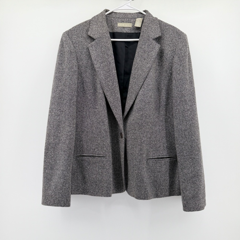 Kate Hill Grey Herringbone Wool Cashmere Blend Blazer Jacket Plus Size 18